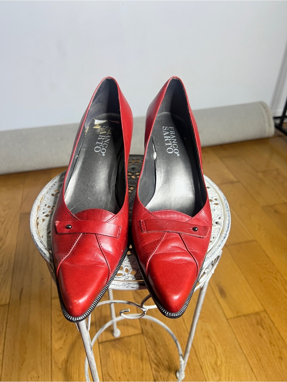 Franco Sarto Red Pointed Leather Dress Pumps with Decorative Strap